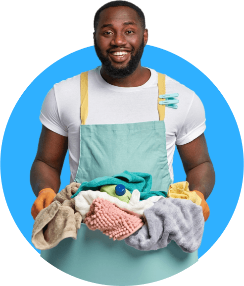 Duffloo Washer Hero holding a basket of laundry